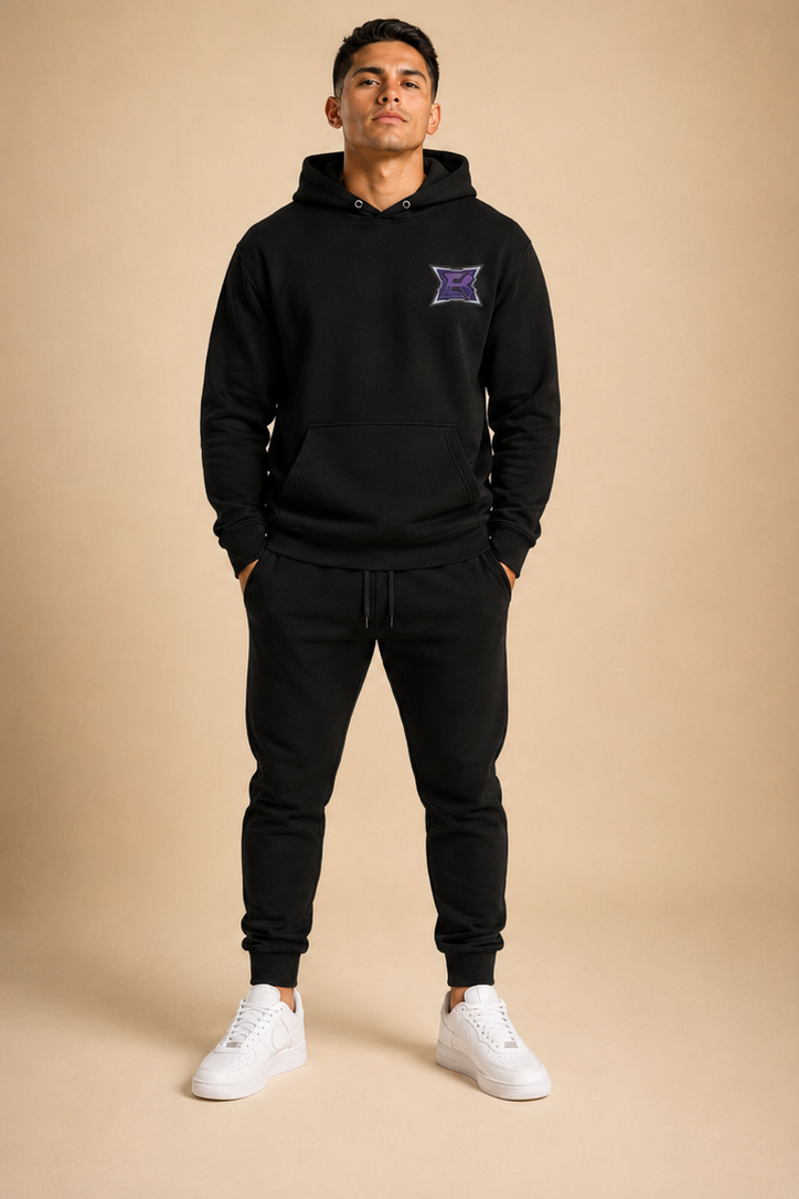 Model wearing BlanK B Monogram Hoodie — front