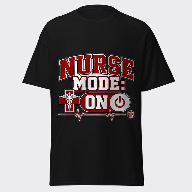 NURSE MODE: ON power-toggle graphic with an EKG heartbeat line in white and red on a black tee