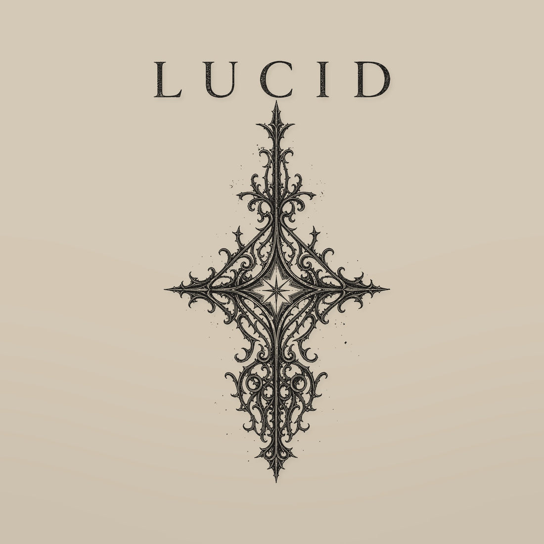 LUCID Eternal Script tee front print — gothic cross filigree in vintage black on sand
