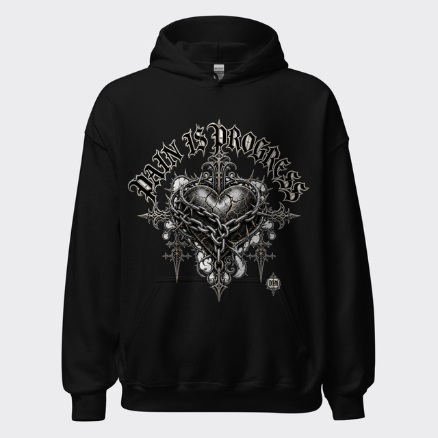 PAIN IS PROGRESS ornate gothic blackletter arched around a chained iron heart in silver-white on a black hoodie