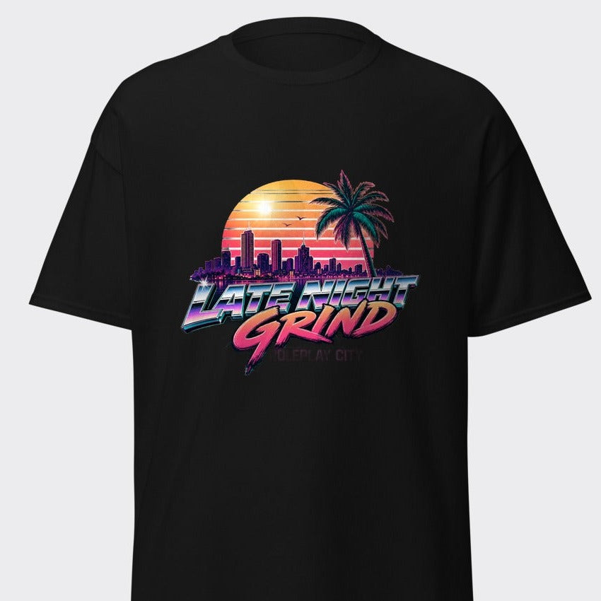 LATE NIGHT GRIND synthwave city tee — neon skyline print close-up on black tee