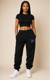 Model wearing BlanK B Monogram Sweatpants — front
