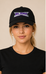 Model wearing BlanK Wordmark Dad Hat — front