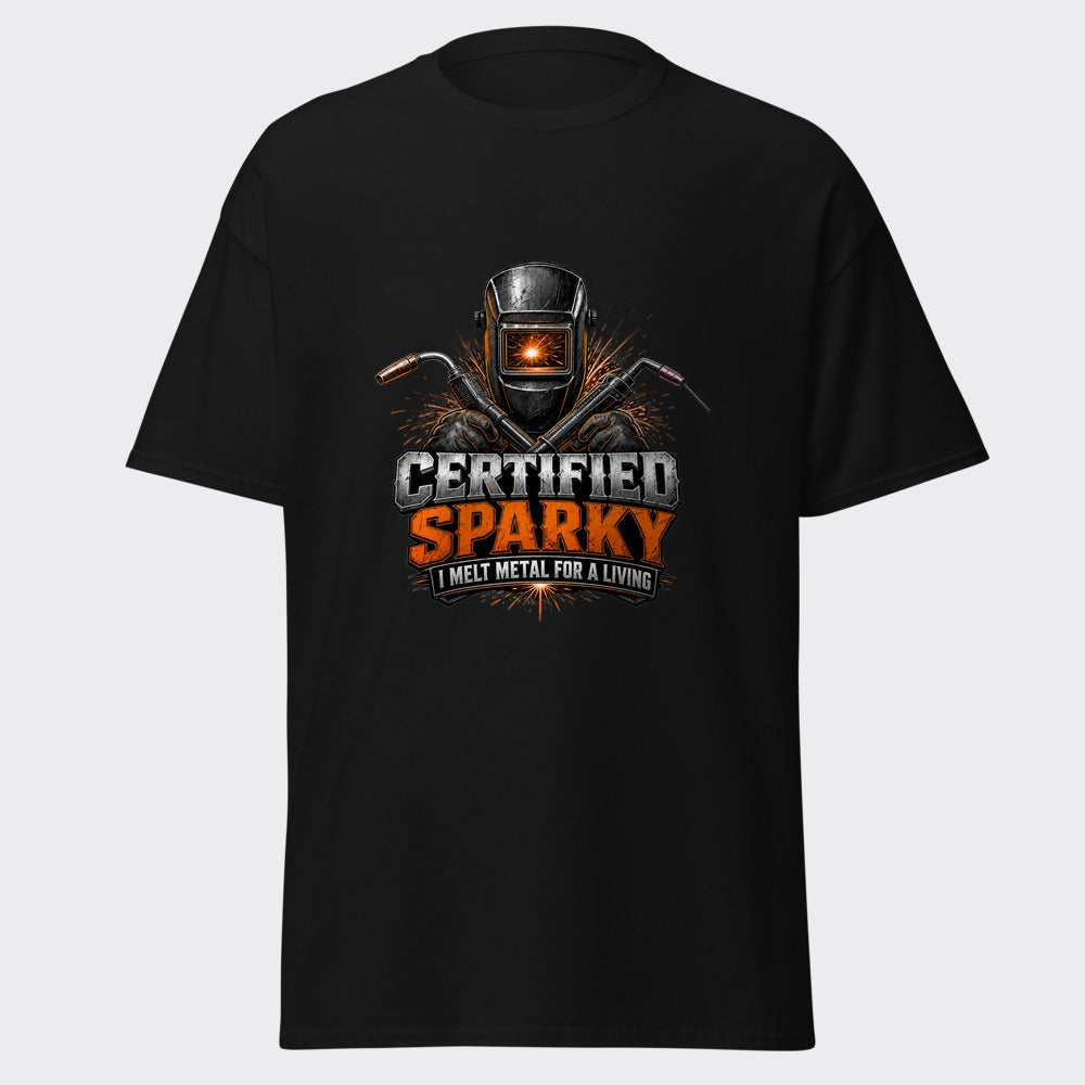 CERTIFIED SPARKY welder hood and torches design on a heavyweight black tee