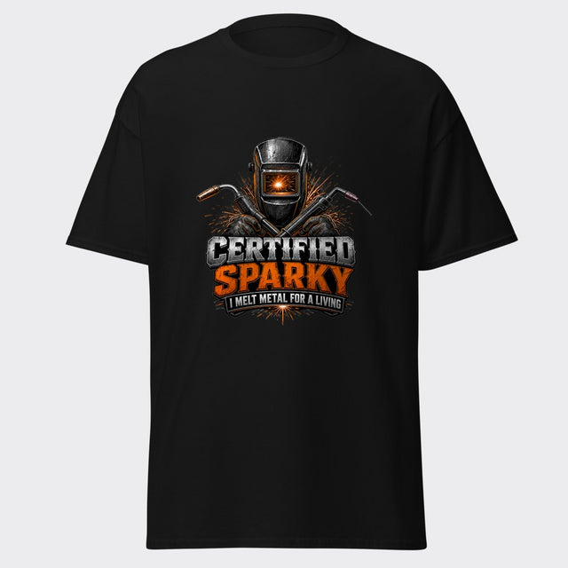 CERTIFIED SPARKY welder hood and torches design on a heavyweight black tee