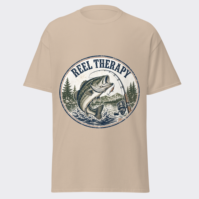 REEL THERAPY vintage oval badge with a leaping bass and bent rod in navy and rust on a sand tee