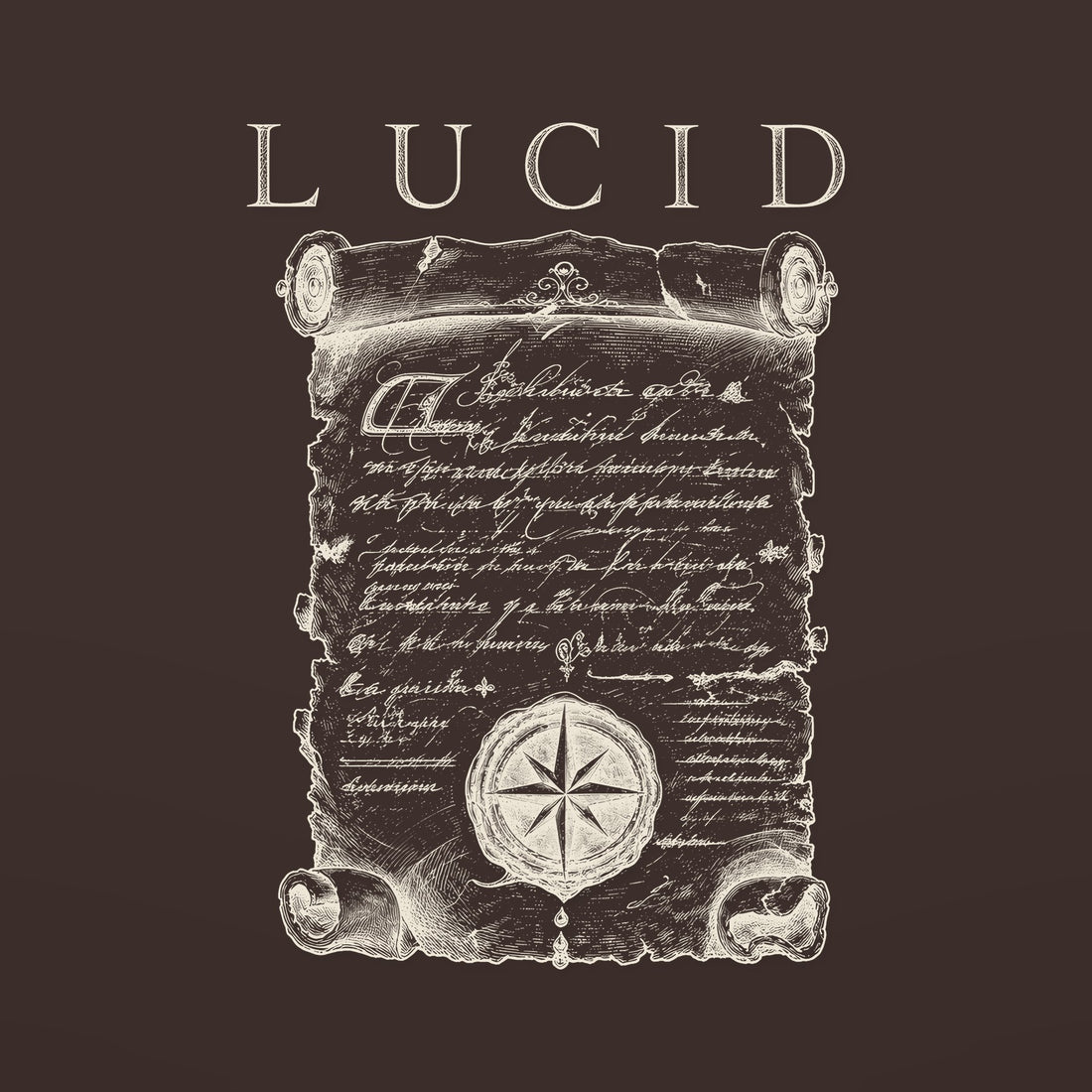 LUCID Aged Parchment tee front print — antique scroll with compass seal in ivory on dark chocolate