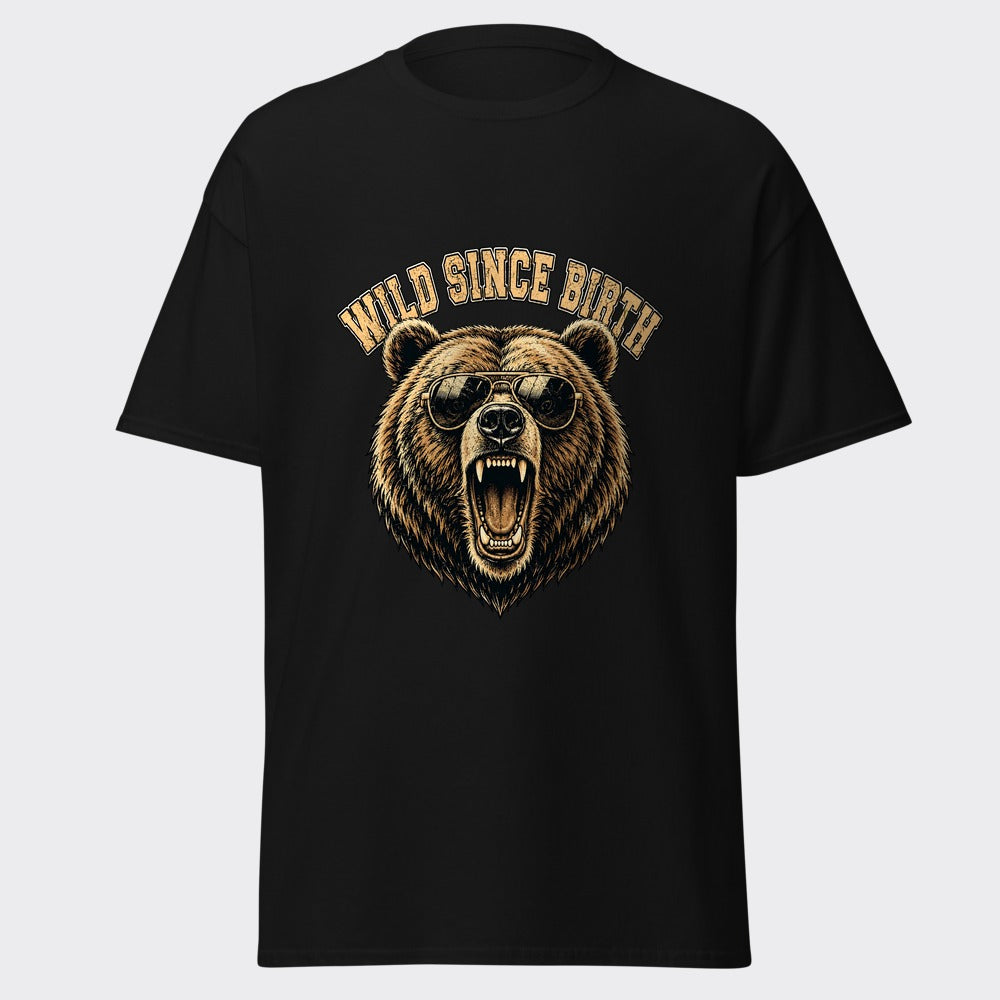 WILD SINCE BIRTH grizzly bear in aviator sunglasses graphic on a black heavyweight tee