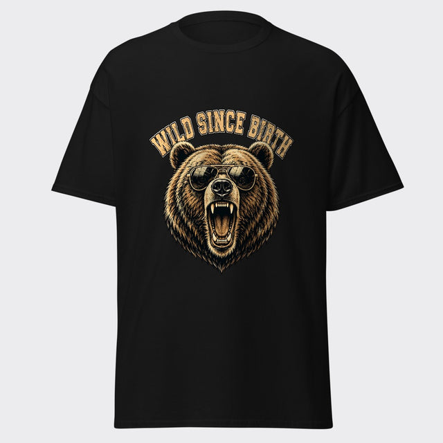 WILD SINCE BIRTH grizzly bear in aviator sunglasses graphic on a black heavyweight tee