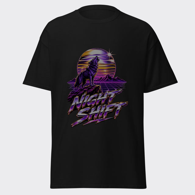 NIGHT SHIFT synthwave wolf howling at a neon retro sun graphic on a black tee