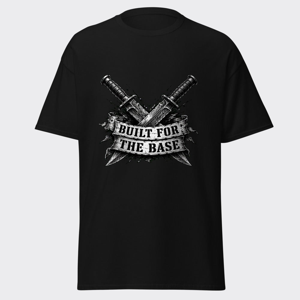 BUILT FOR THE BASE crossed blades military design on a heavyweight black tee