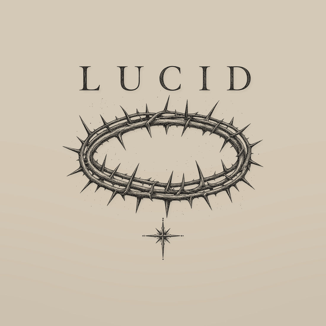 LUCID Crown of Thorns tee front print — etched thorn crown in vintage black on sand
