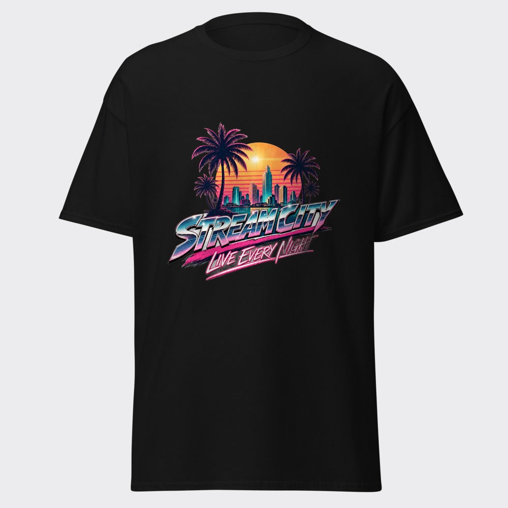 STREAM CITY synthwave retro sunset skyline streamer design on a black tee