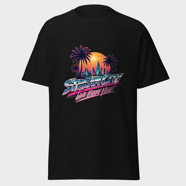 STREAM CITY synthwave retro sunset skyline streamer design on a black tee