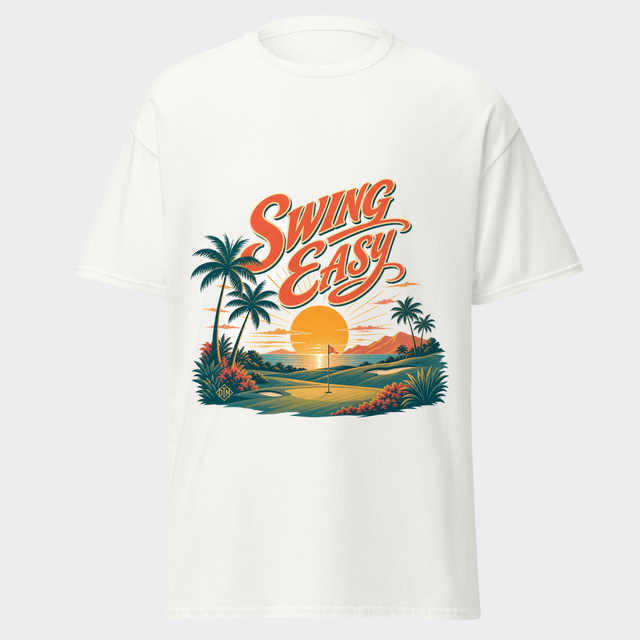 SWING EASY flowing retro script over a golden sunset fairway with a lone flagstick on a white tee