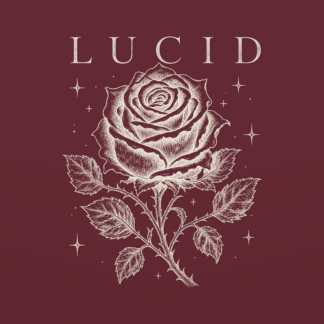 LUCID Stone Rose tee front print — etched rose in ivory ink on maroon