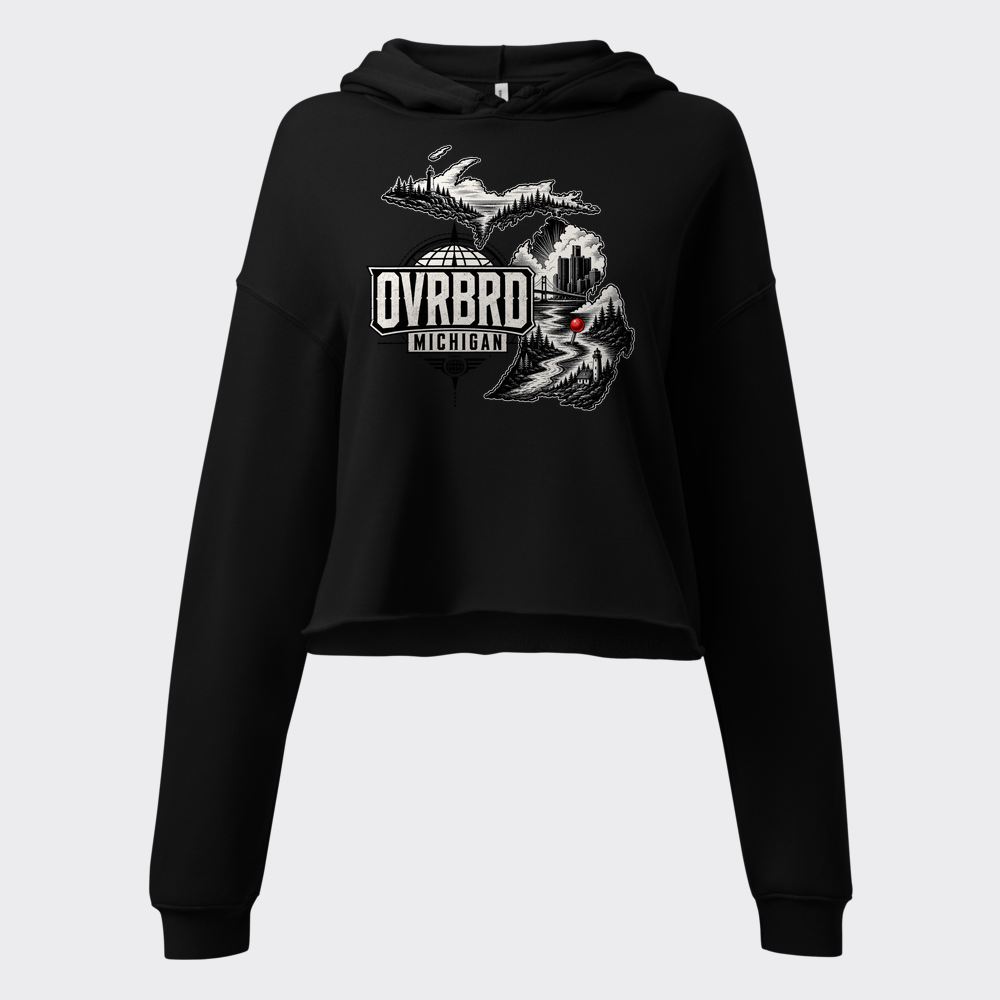 OVRBRD Michigan woodcut crop hoodie — Black, front print