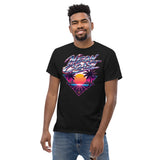 Neon Coast Retrowave Tee — Chrome Script, Night City Back Print — front detail