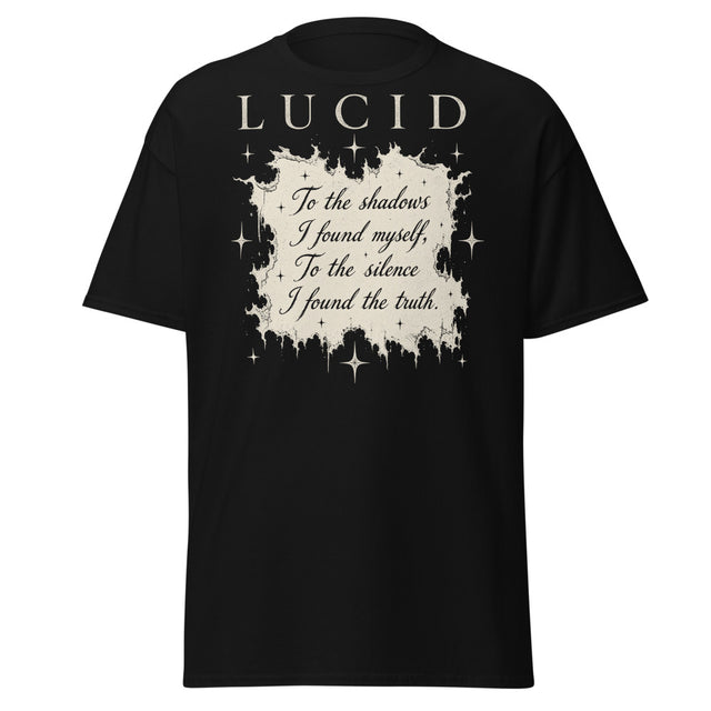 LUCID Shadow Verse tee front on black Gildan 5000