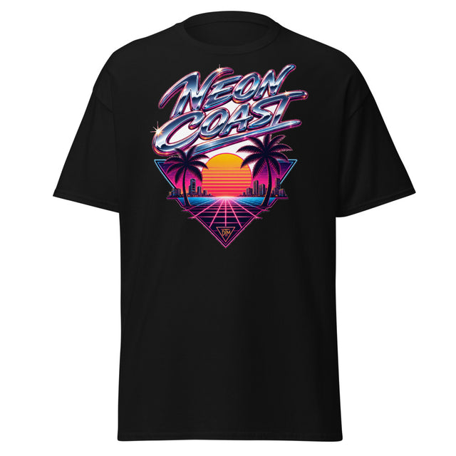 Neon Coast Retrowave Tee — Chrome Script, Night City Back Print — front view