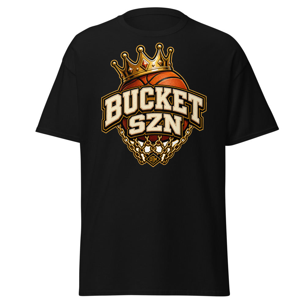 Bucket SZN Basketball Tee — Crowned Ball, Respect the Jumper Back — front view
