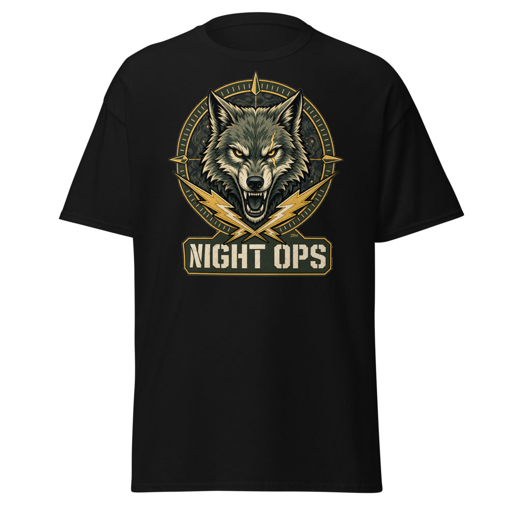 Night Ops Wolf Tee — Tactical Patch, Clutch Up Back Print — front view