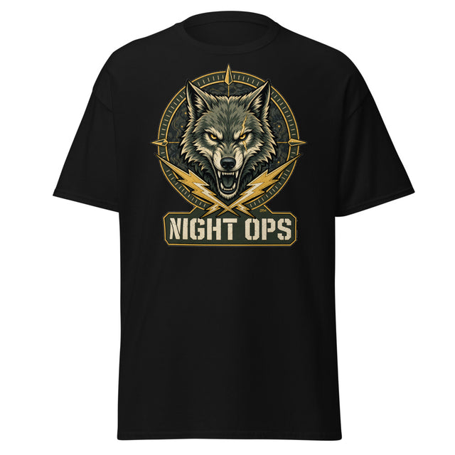 Night Ops Wolf Tee — Tactical Patch, Clutch Up Back Print — front view