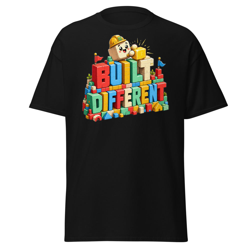 Built Different Voxel Tee — Block Art, Creator Mode Back Print — front view