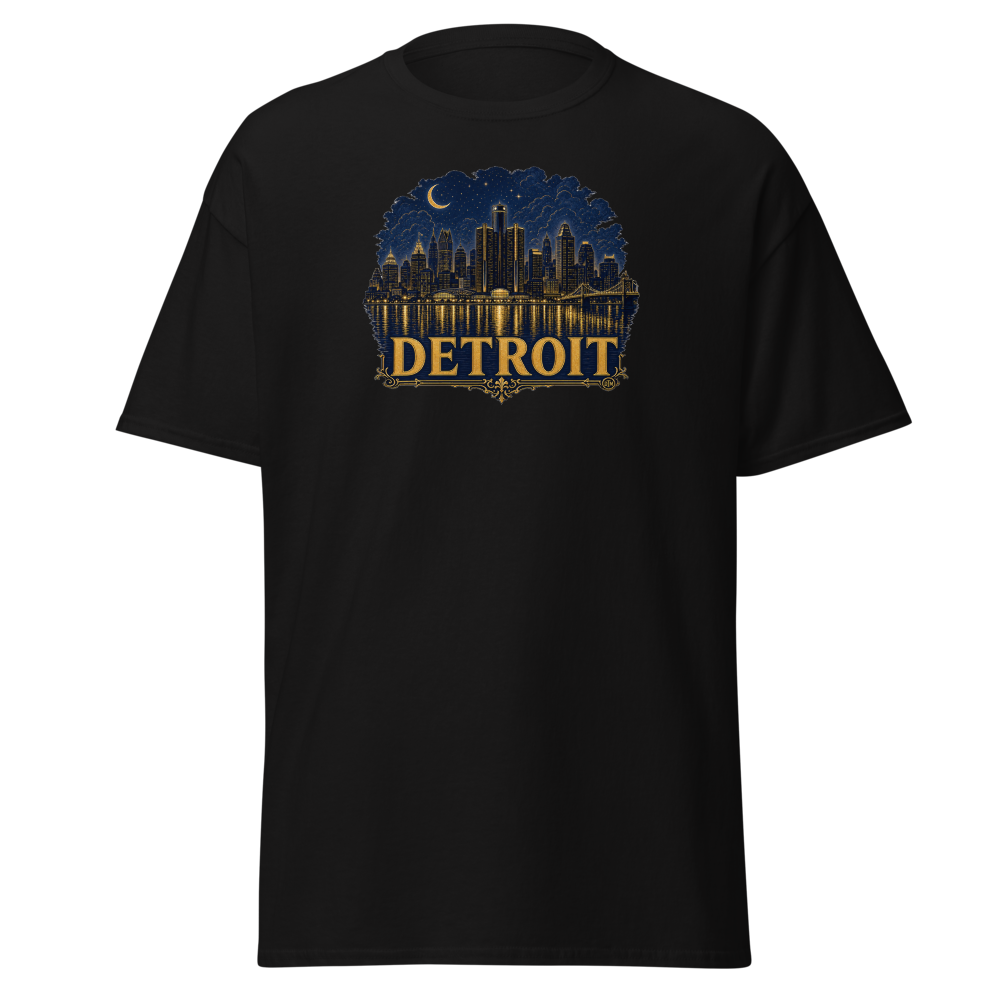 Detroit Never-Ending Night — Skyline Reflection Tee — original Detroit design by DreamToMerch