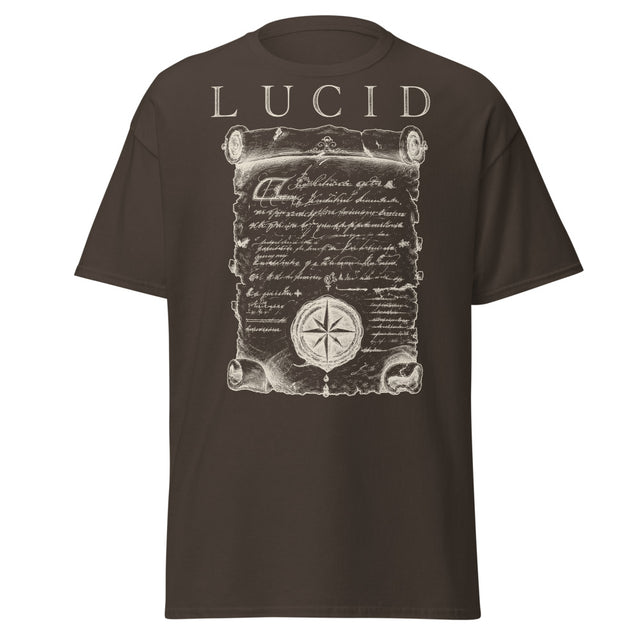 LUCID Aged Parchment tee front on dark chocolate Gildan 5000