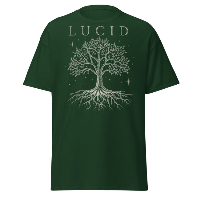LUCID Rooted tee front on forest green Gildan 5000