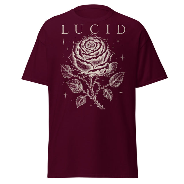 LUCID Stone Rose tee front on maroon Gildan 5000