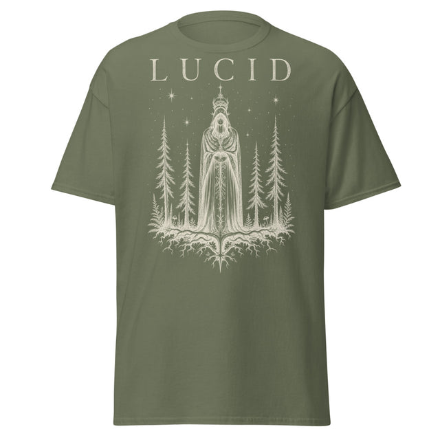 LUCID Forest Guardian tee front on military green Gildan 5000