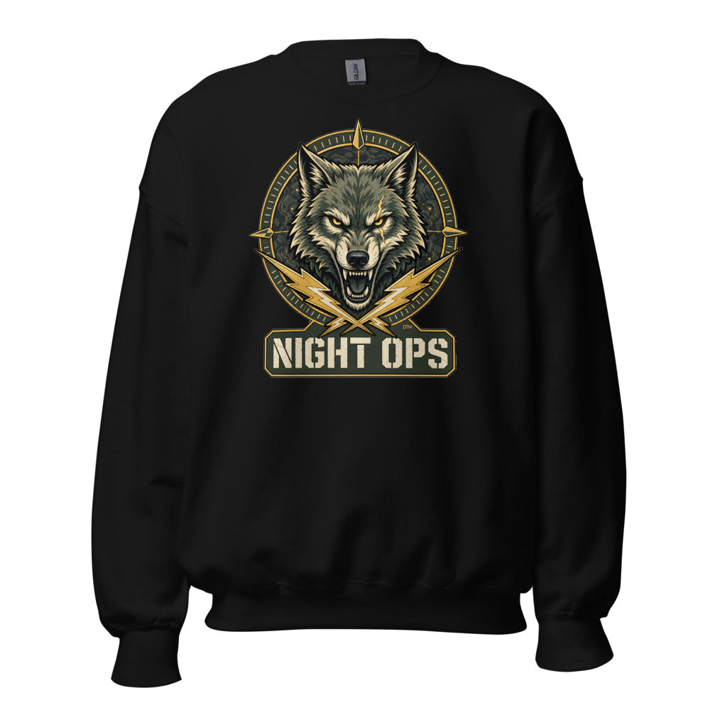 Night Ops Crewneck Sweatshirt — Tactical Wolf, Clutch Up Back — front view