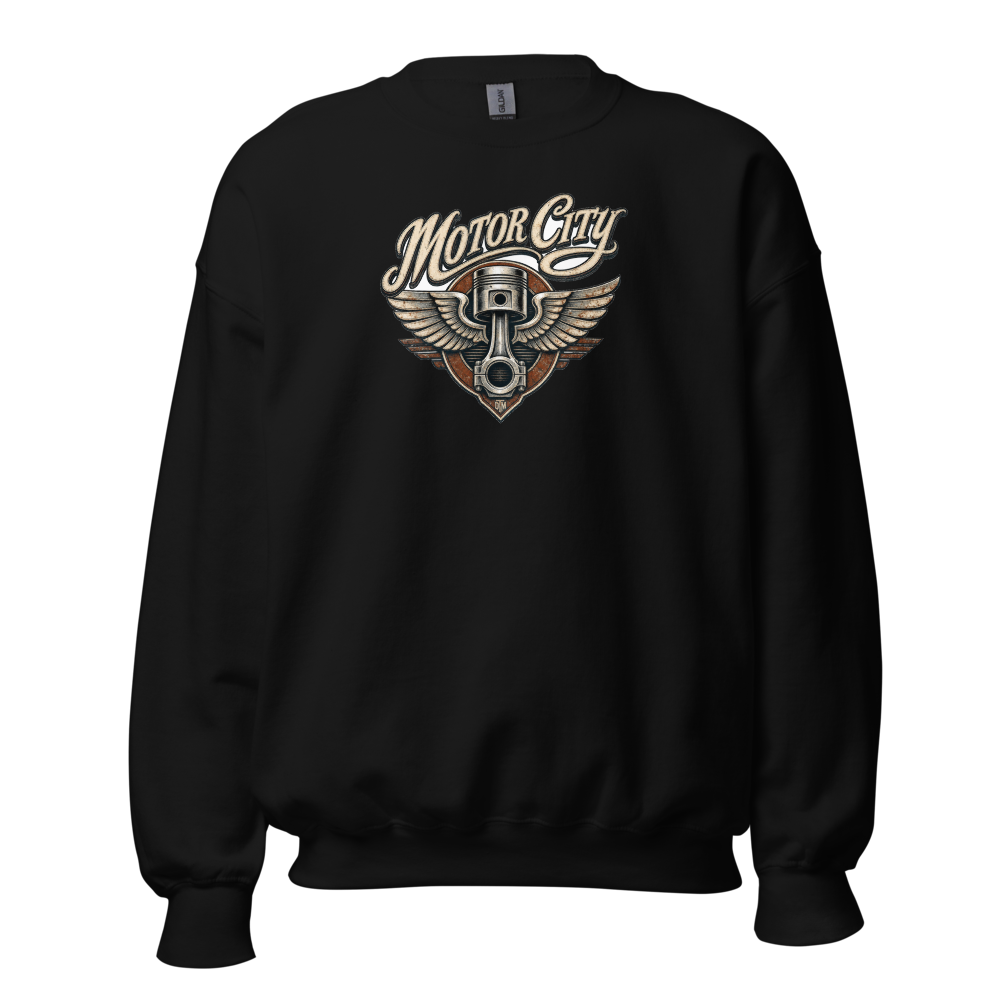 Motor City — Winged Piston Heritage Crewneck — original Detroit design by DreamToMerch