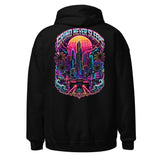 Neon Coast Retrowave Hoodie — Grind Never Sleeps Back Print — back view
