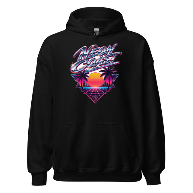 Neon Coast Retrowave Hoodie — Grind Never Sleeps Back Print — front view