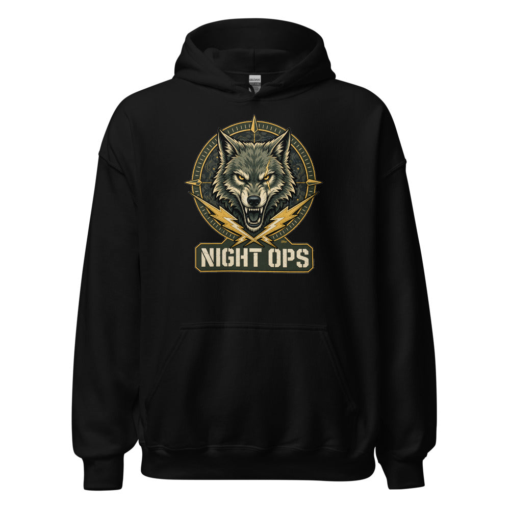 Night Ops Wolf Hoodie — Tactical Squad Art, Front & Back — front view