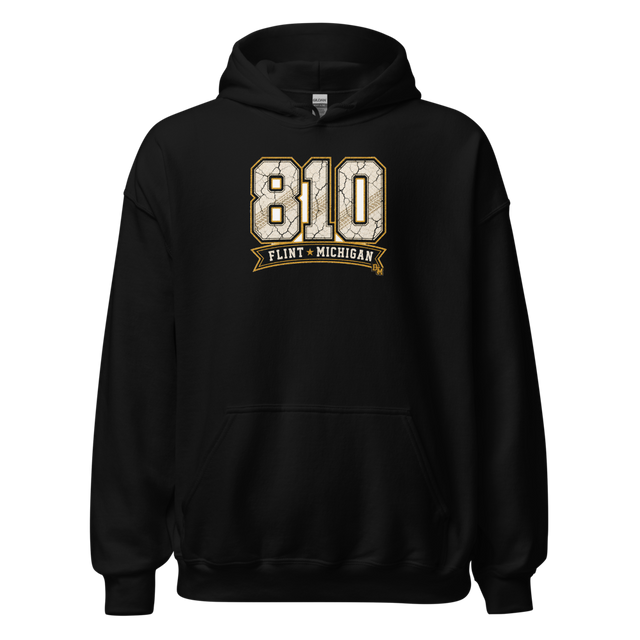 810 Flint Michigan — Cracked Varsity Hoodie — original Flint design by DreamToMerch