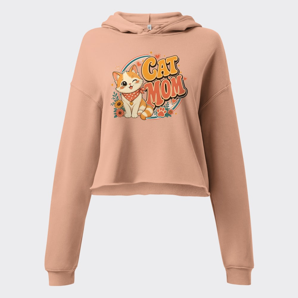 CAT MOM retro kitty design on a peach cropped fleece hoodie