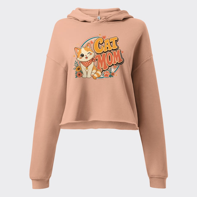 CAT MOM retro kitty design on a peach cropped fleece hoodie