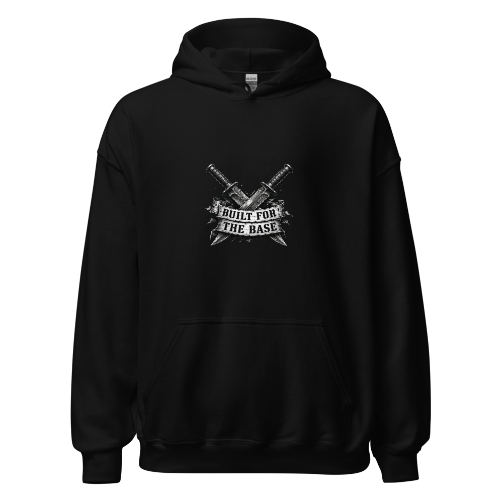 BUILT FOR THE BASE crossed blades design on a black heavyweight hoodie
