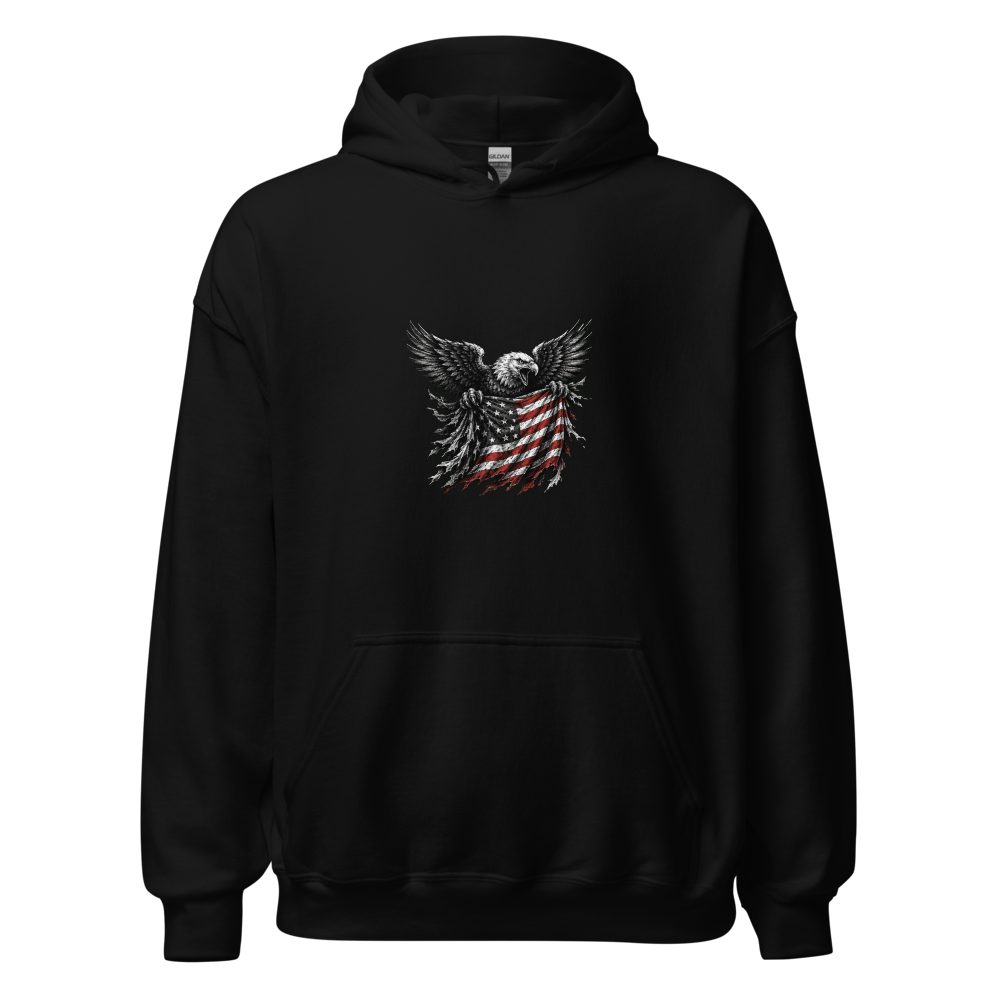Eagle carrying the American flag design on a black heavyweight hoodie