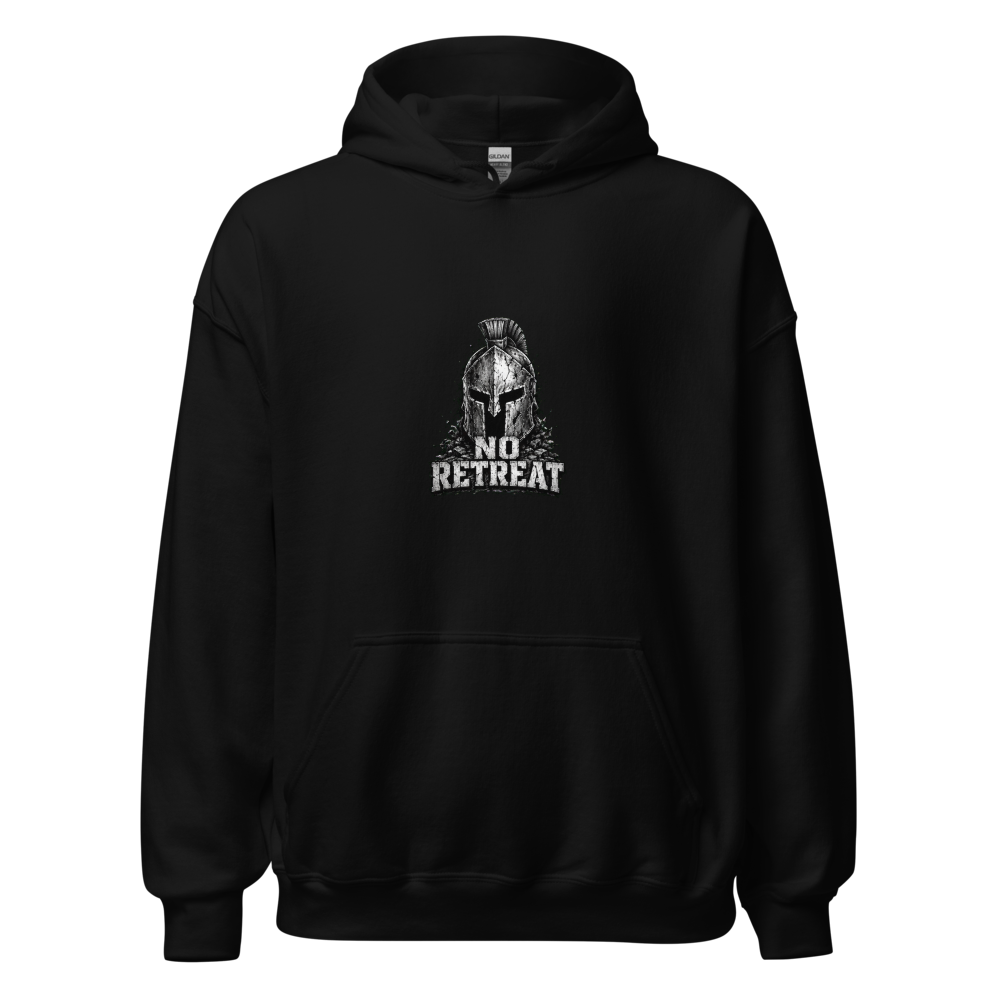 NO RETREAT spartan helmet design on a black heavyweight hoodie