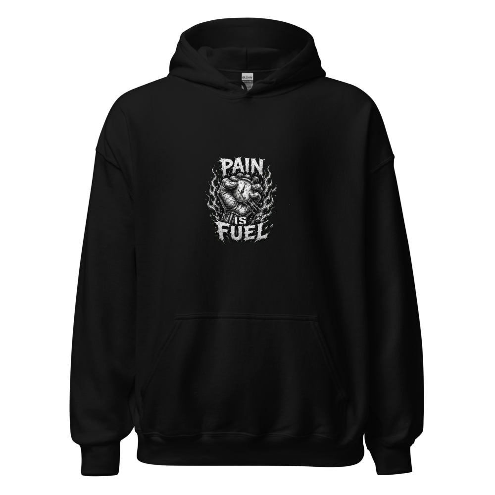 PAIN IS FUEL fist and stopwatch design on a black heavyweight hoodie