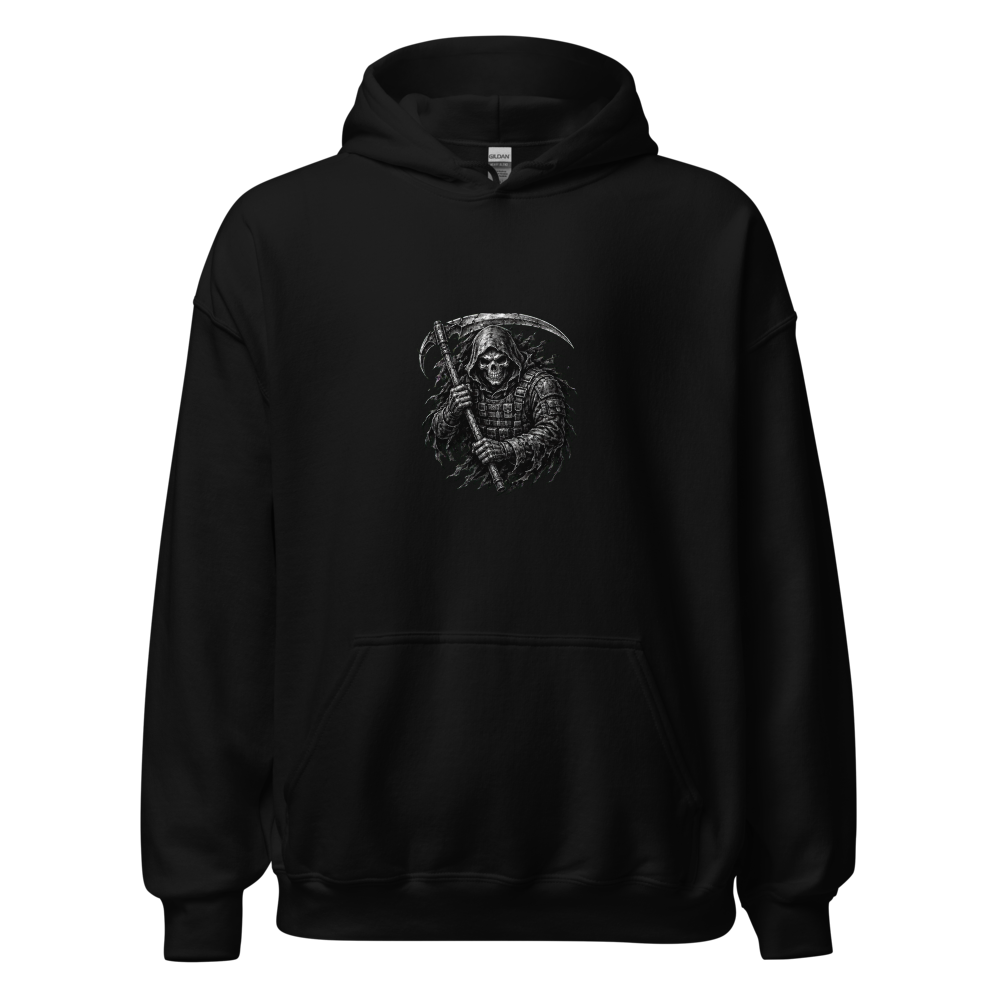 Reaper soldier with scythe design on a black heavyweight hoodie