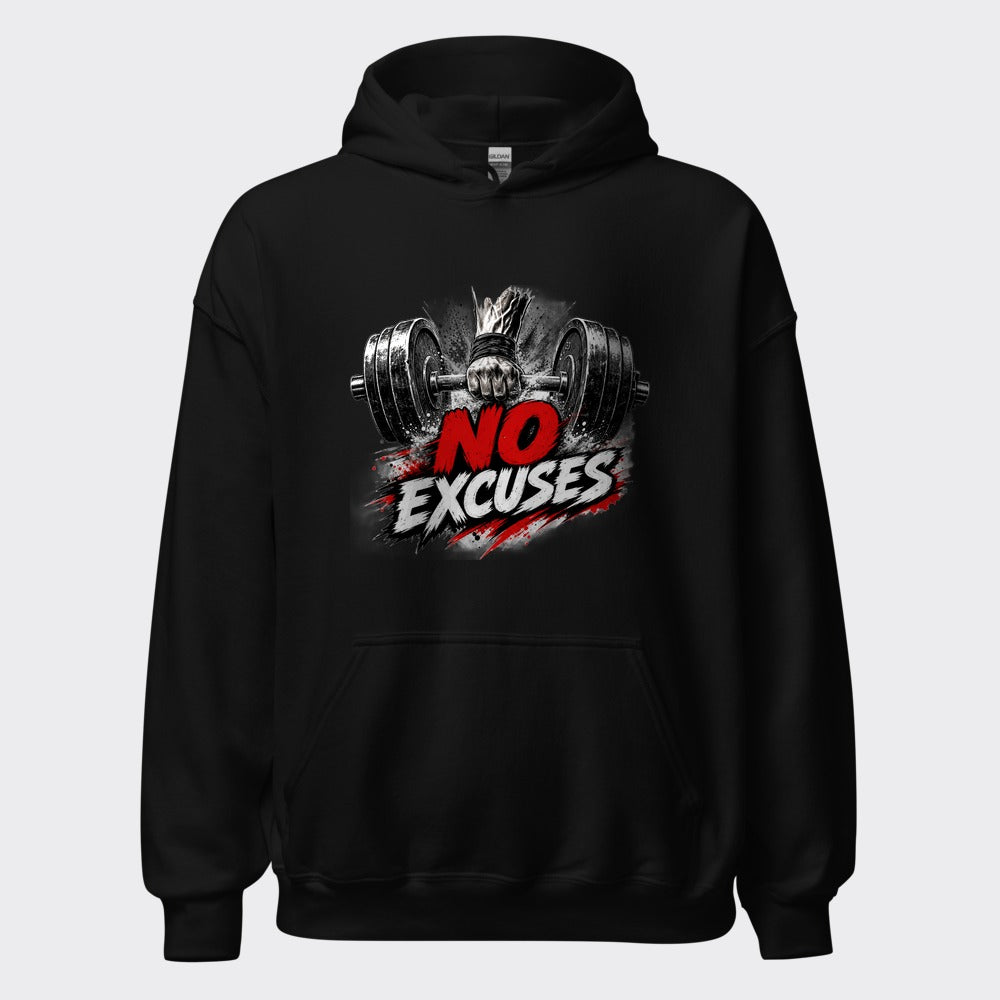 NO EXCUSES barbell gym motivation design on a heavyweight black hoodie