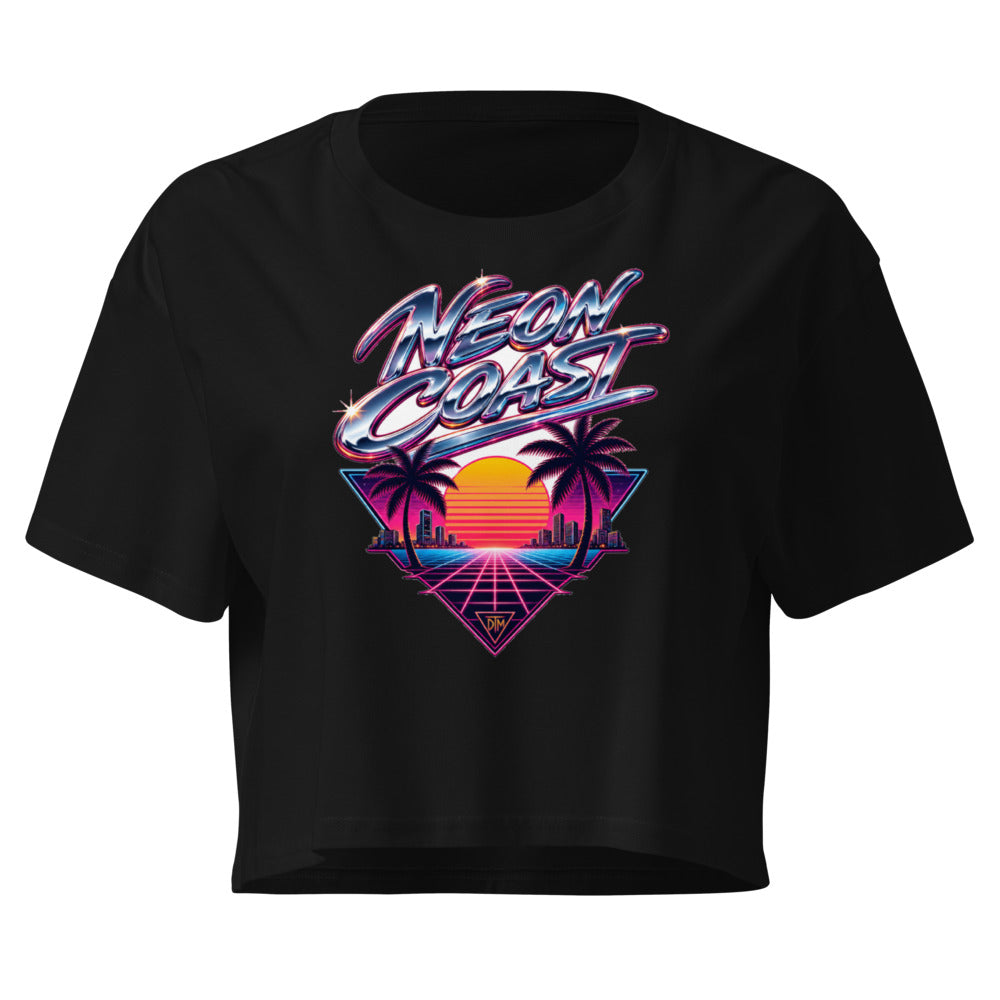Neon Coast Retrowave Crop Top — Night City Neon Art — front view