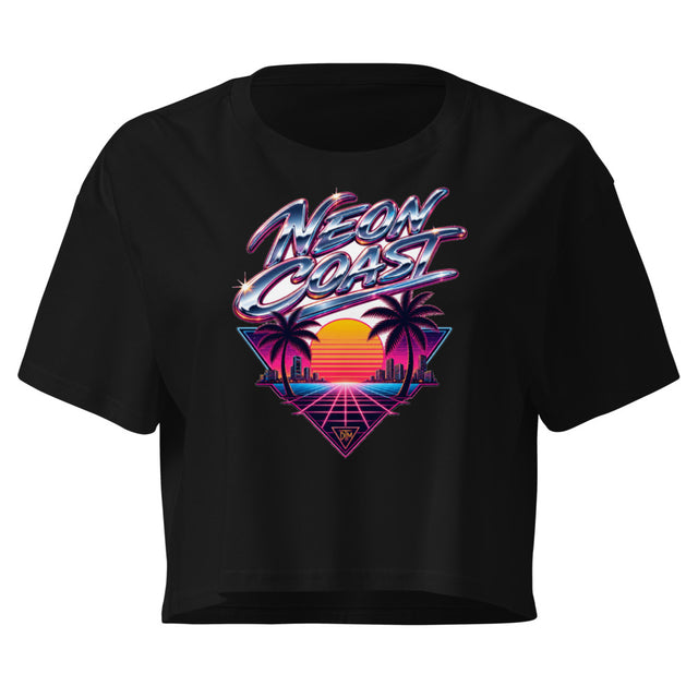 Neon Coast Retrowave Crop Top — Night City Neon Art — front view