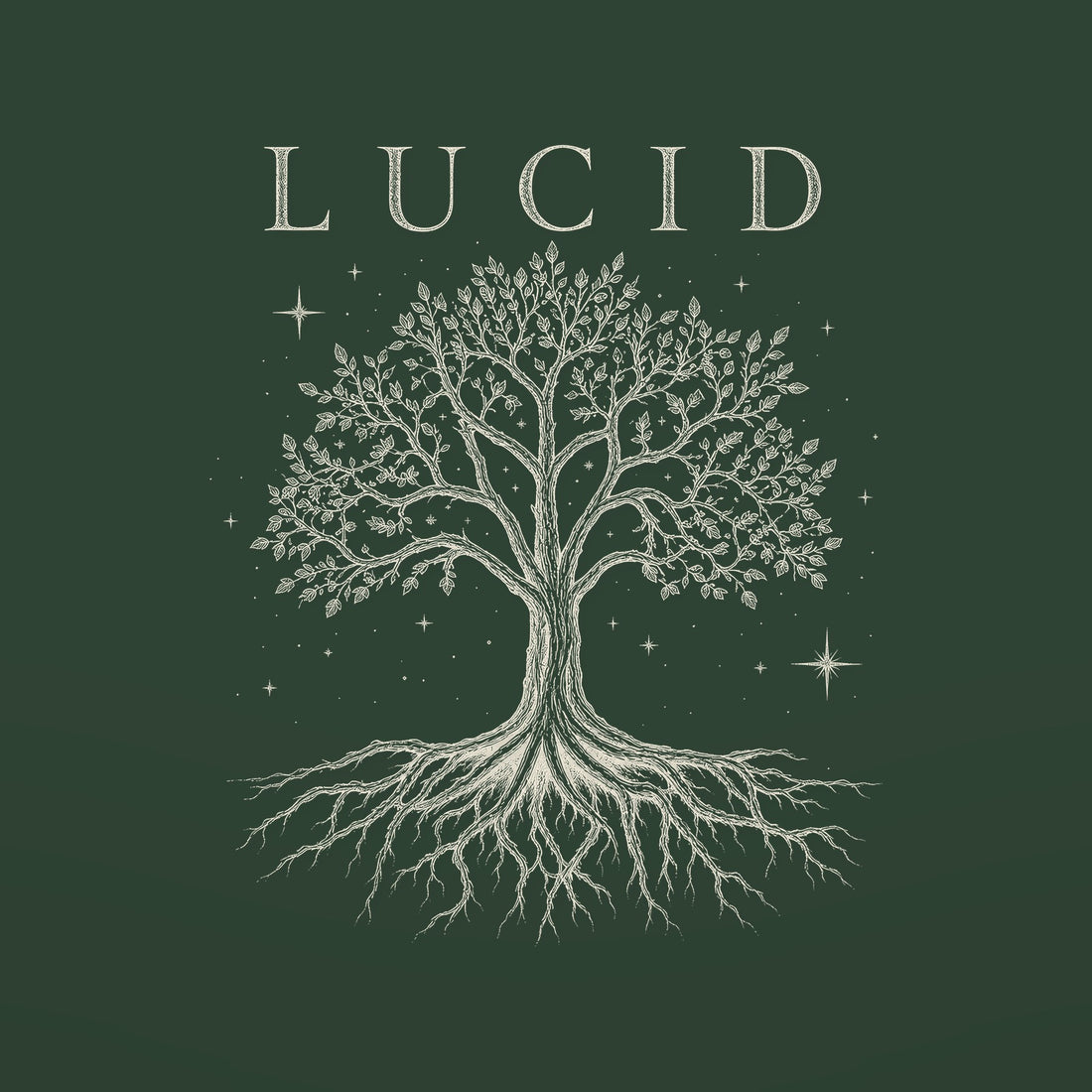 LUCID Rooted tee front print — etched tree with deep roots in ivory on forest green